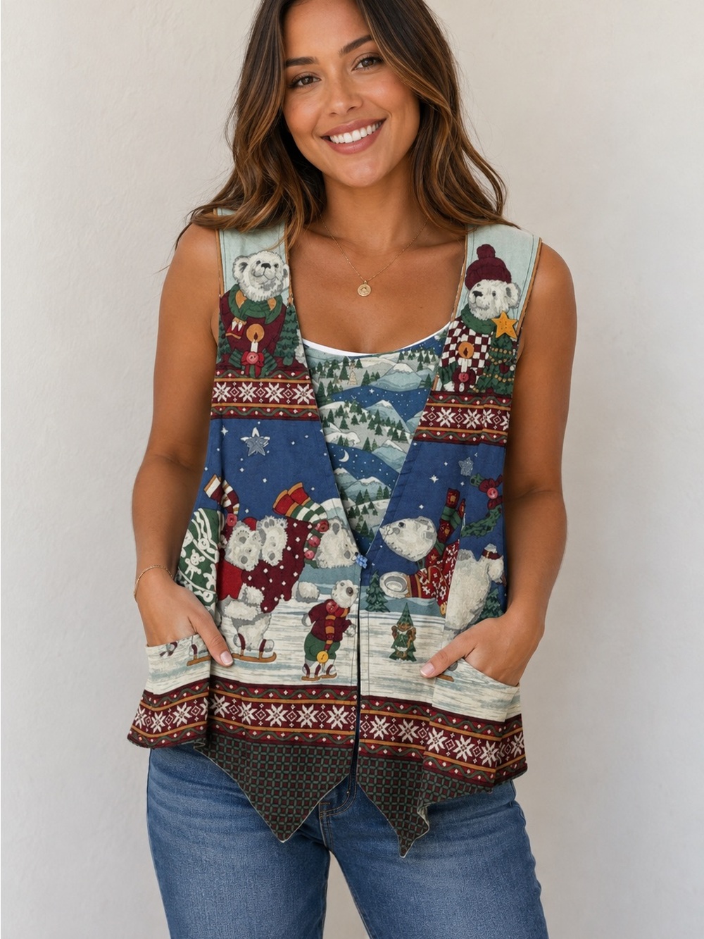 Handmade Blue Patchwork Holiday Vest - Women's Sleeveless vest